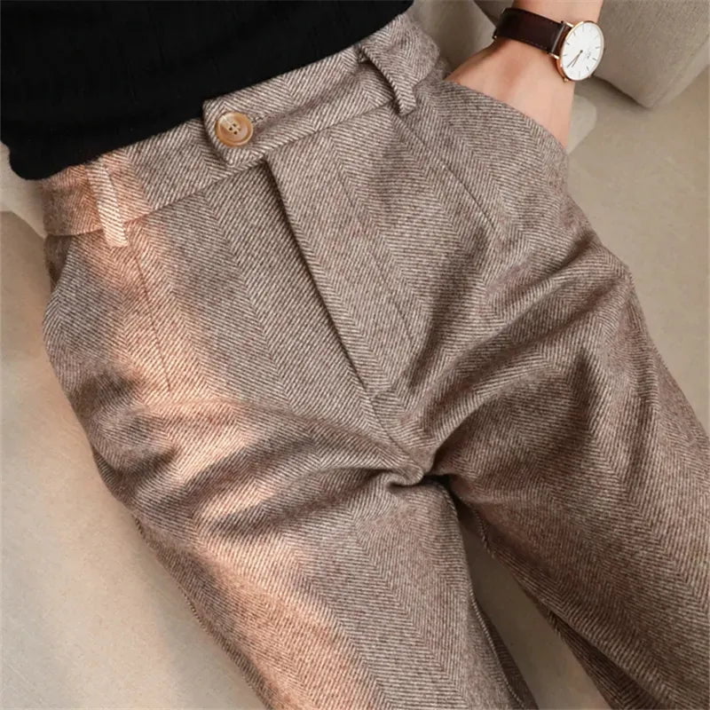 Storazone Khaki / XXL Woolen Pants Women's Harem Pencil Pants 2022 Autumn Winter High Waisted Casual Suit Pants Office Lady Women Trousers