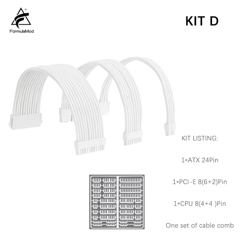 Storazone Kit D / All White With Combs FormulaMod All White PSU Extension Cable Kit , Solid Color Cable Solid Combo 300mm ATX24Pin PCI-E8Pin CPU8Pin With Combs