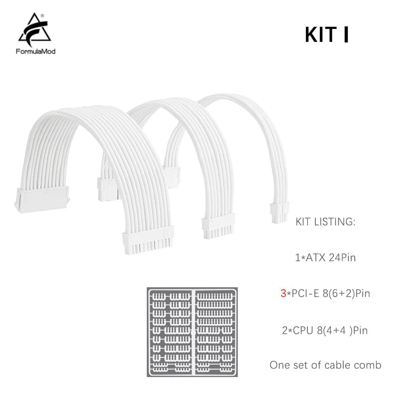 Storazone Kit I / All White With Combs FormulaMod All White PSU Extension Cable Kit , Solid Color Cable Solid Combo 300mm ATX24Pin PCI-E8Pin CPU8Pin With Combs