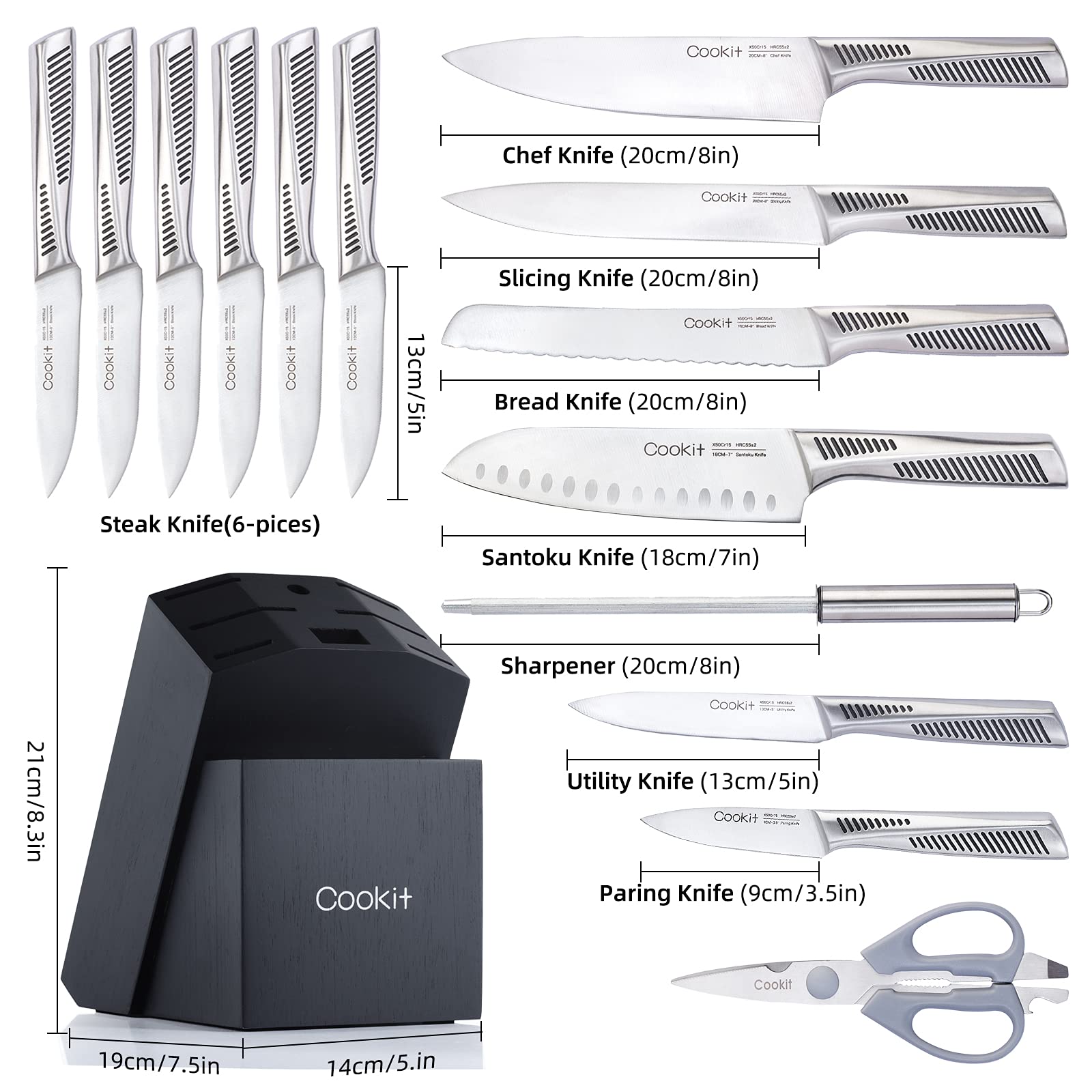 STORAZONE Kitchen default Kitchen Knife Set, 15 Piece Knife Sets with Block, Chef Knives with Non-Slip German Stainless Steel Hollow Handle Cutlery Set with Multifunctional Scissors Knife Sharpener  Amazon Platform Banned