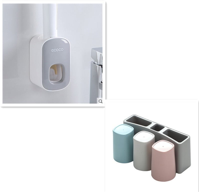 STORAZONE Kitchen Grey Three cups Wall Mounted Automatic Toothpaste Holder Bathroom Accessories Set Dispenser