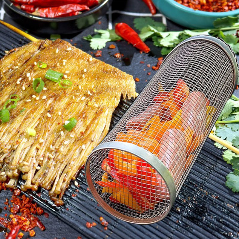 STORAZONE Kitchen Rolling Grilling Basket Metal BBQ Barbecue Basket Net Portable Outdoor Camping Barbecue Rack Kitchen Gadgets