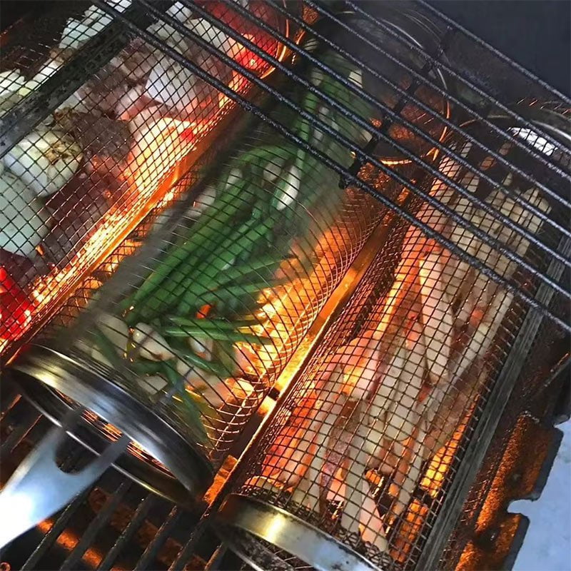 STORAZONE Kitchen Rolling Grilling Basket Metal BBQ Barbecue Basket Net Portable Outdoor Camping Barbecue Rack Kitchen Gadgets