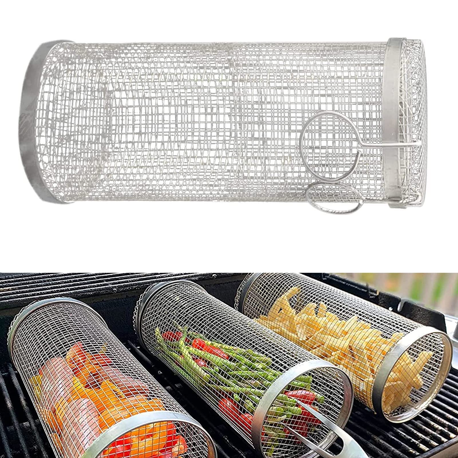 STORAZONE Kitchen Rolling Grilling Basket Metal BBQ Barbecue Basket Net Portable Outdoor Camping Barbecue Rack Kitchen Gadgets