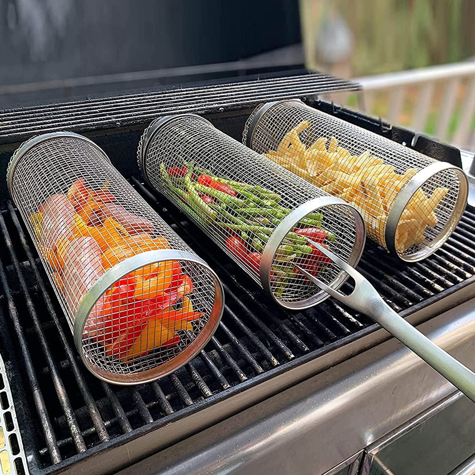 STORAZONE Kitchen Rolling Grilling Basket Metal BBQ Barbecue Basket Net Portable Outdoor Camping Barbecue Rack Kitchen Gadgets