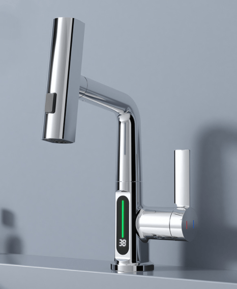 STORAZONE Kitchen Silver Digital Display Intelligent Digital Display Faucet Pull-out Basin Faucet Temperature Digital Display Rotation
