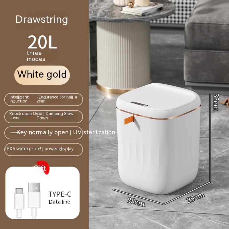 STORAZONE Kitchen White gold / 20L Smart Trash Can With Lid For Bedroom And Living Room Kitchen Storage Box Trash Can Induction Small Car Box Automatic Smart Dustbin Smart Trash Bin