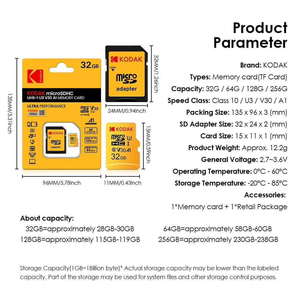 Storazone KODAK EVO Plus 128GB Memory Card 256GB U3 4K Micro SD Card 64GB 32GB SDHC Microsd UHS-I C10 TF Trans Flash Microsd 100MB/S