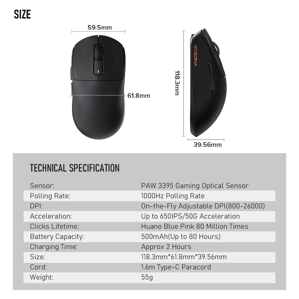 Storazone Kysona M600 PAW3395 Wireless Bluetooth Gaming Esports Mouse 55g 26000DPI 6 Buttons Optical PAM3395 Computer Mice For Laptop PC