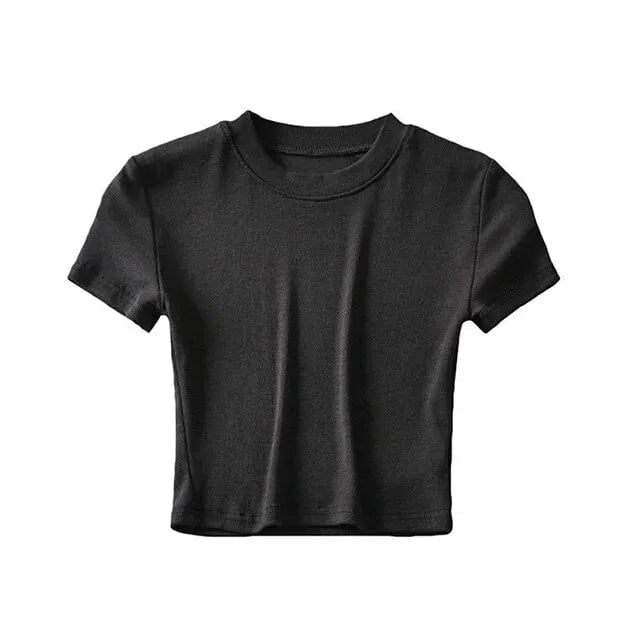 Storazone L / Black Women's Short Sleeve Crop Top Solid Slim Fit Crew Neck Tee Basic Skinny Ribbed Tight Athletic Casual Workout Yoga Tshirt