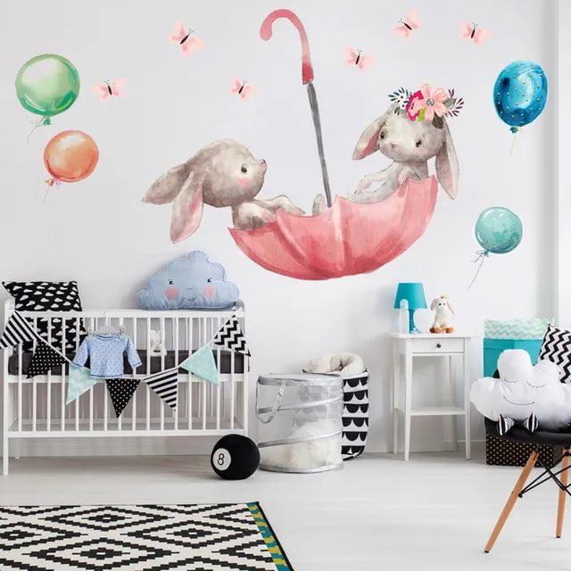 Storazone L Cute Bunny Hearts Wall Stickers for Children Kids Rooms Girls Baby Room Decoration Nursery Kawaii Cartoon Rabbit Wallpaper Vinyl