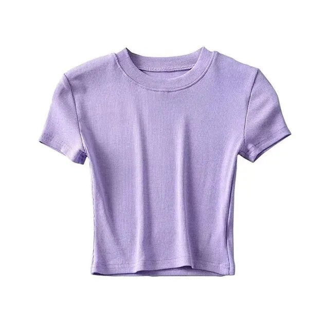 Storazone L / Purple Women's Short Sleeve Crop Top Solid Slim Fit Crew Neck Tee Basic Skinny Ribbed Tight Athletic Casual Workout Yoga Tshirt