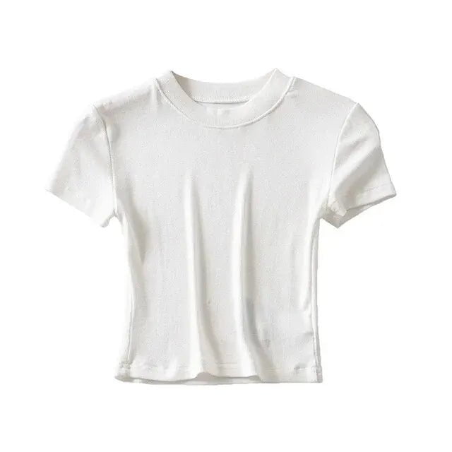 Storazone L / White Women's Short Sleeve Crop Top Solid Slim Fit Crew Neck Tee Basic Skinny Ribbed Tight Athletic Casual Workout Yoga Tshirt