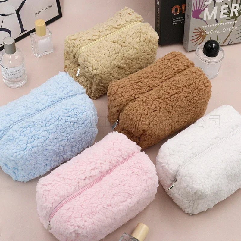 Storazone Lambswool Small Cosmetic Bag Cute Plush Makeup Organizer Pouch Kawaii Pencil Case Bags Travel Coin Purse Household Storage