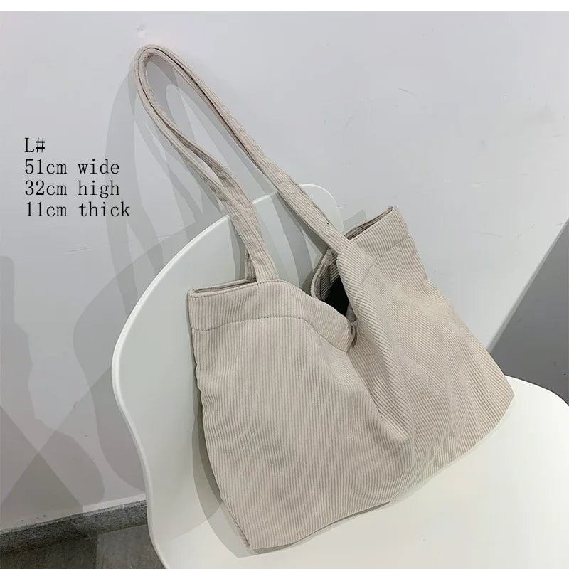 Storazone Large Beige Corduroy Bag Handbags for Women Shoulder Bags Female Soft Environmental Storage Reusable Girls Small and Large Shopper Totes Bag