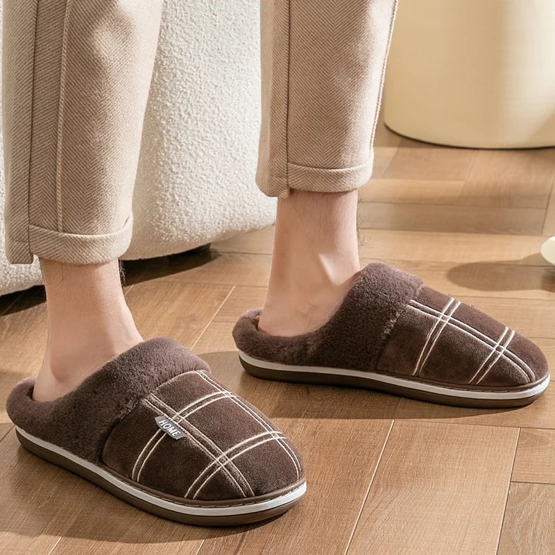Storazone Large size 50-51 Plaid House Slippers for Man Memory Foam Winter Plush Indoor Male Shoes Warm Home Slippers 2023 Non Slip Black