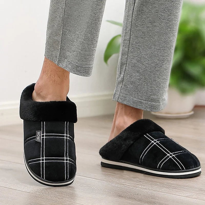 Storazone Large size 50-51 Plaid House Slippers for Man Memory Foam Winter Plush Indoor Male Shoes Warm Home Slippers 2023 Non Slip Black