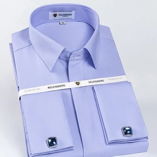 Storazone Lavender / 38 Men's Classic French Cuff Hidden Button Dress Shirt Long-sleeve Formal Business Standard-fit White Shirts (Cufflinks Included)