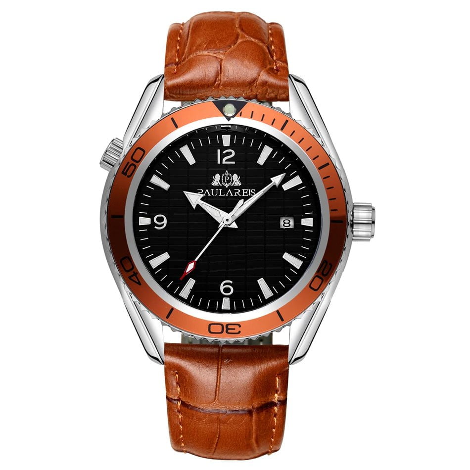 Storazone Leather Orange Automatic Self Wind Mechanical Stainless Steel Strap Simple Orange Blue Bezel  Date Business Men Watch