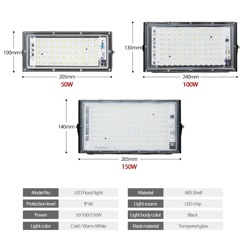 Storazone LED Floodlight 150W 100W 50W Outdoor Wall 220V 240V Black Floodlight street IP65 Waterproof Reflector Garden Lighting