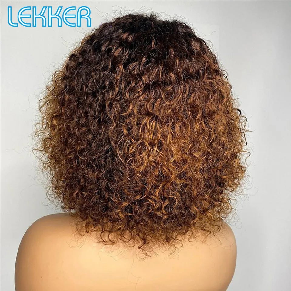 Storazone Lekker Colored Short Afro Kinky Curly Bob Human Hair Bangs Wig For Women Brazilian Remy Hair Ombre Brown Loose Deep Wavy Wigs