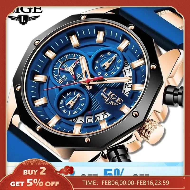 Storazone LIGE Fashion Men Watches Top Brand Luxury Silicone Sport Watch Men Quartz Date Clock Waterproof Wristwatch Chronograph Clock Man