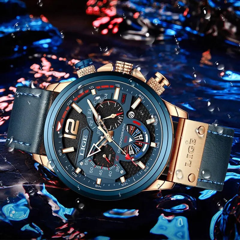 Storazone LIGE Fashion Watch Man Luxury Chronograph Sport Mens Watches Quartz Wristwatches Leather Male Waterproof Clock Relogio Masculino