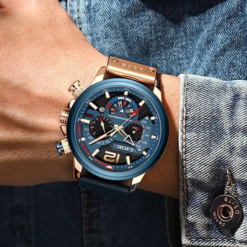 Storazone LIGE Fashion Watch Man Luxury Chronograph Sport Mens Watches Quartz Wristwatches Leather Male Waterproof Clock Relogio Masculino