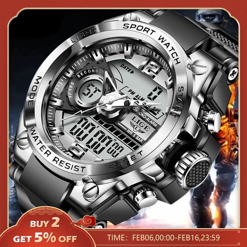 Storazone LIGE Men Military Watch Digital 50m Waterproof Wristwatch LED Quartz Clock Sport Watch Male Big Watches Men Relogios Masculino