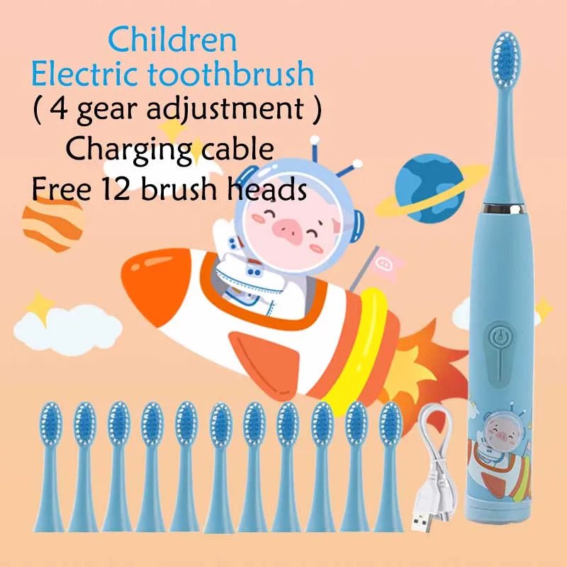 Storazone Light Blue 12 Head Children Sonic Electric Toothbrush Colorful Cartoon For Kids Rechargeable Soft Fur Automatic Waterproof With Replacement Head