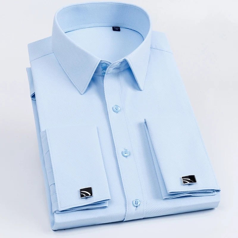 Storazone Light Blue Twill / 38 Men's French Cuff Dress Shirt Long Sleeve Slim Fit Tuxedo Shirts  with Cufflinks Poly/Cotton Double Button Collar