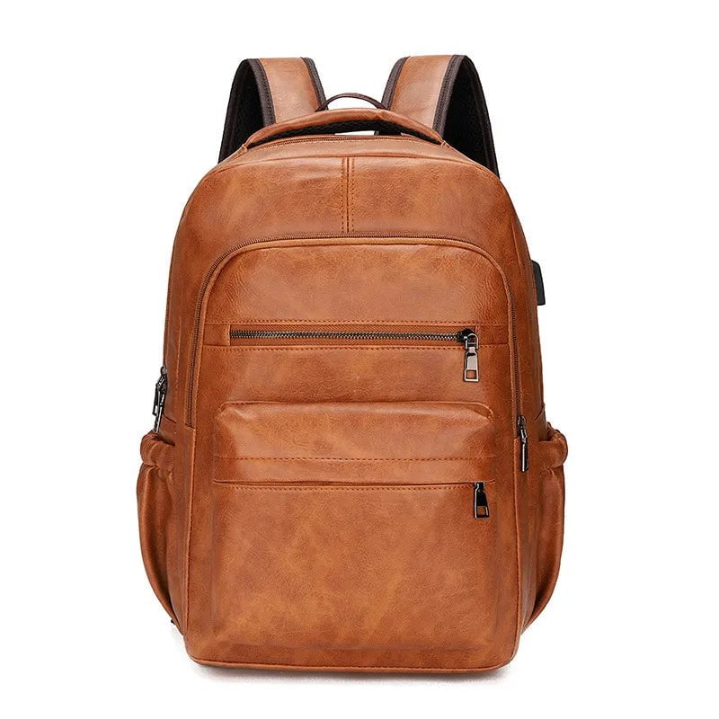 Storazone Light Brown High Quality USB Charging Backpack Men PU Leather Bagpack Large Laptop Backpacks Male Mochilas Schoolbag For Teenagers Boys