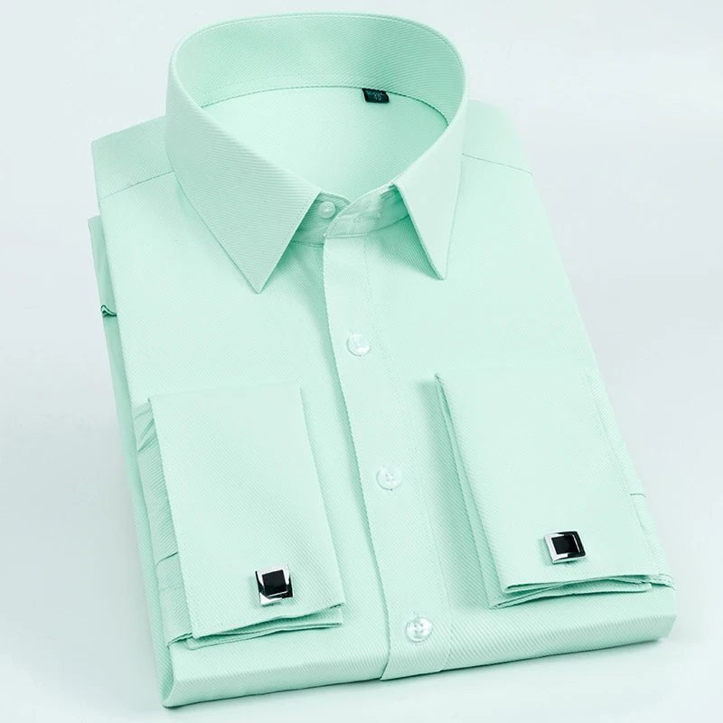 Storazone Light Green Twill / 38 Men's French Cuff Dress Shirt Long Sleeve Slim Fit Tuxedo Shirts  with Cufflinks Poly/Cotton Double Button Collar