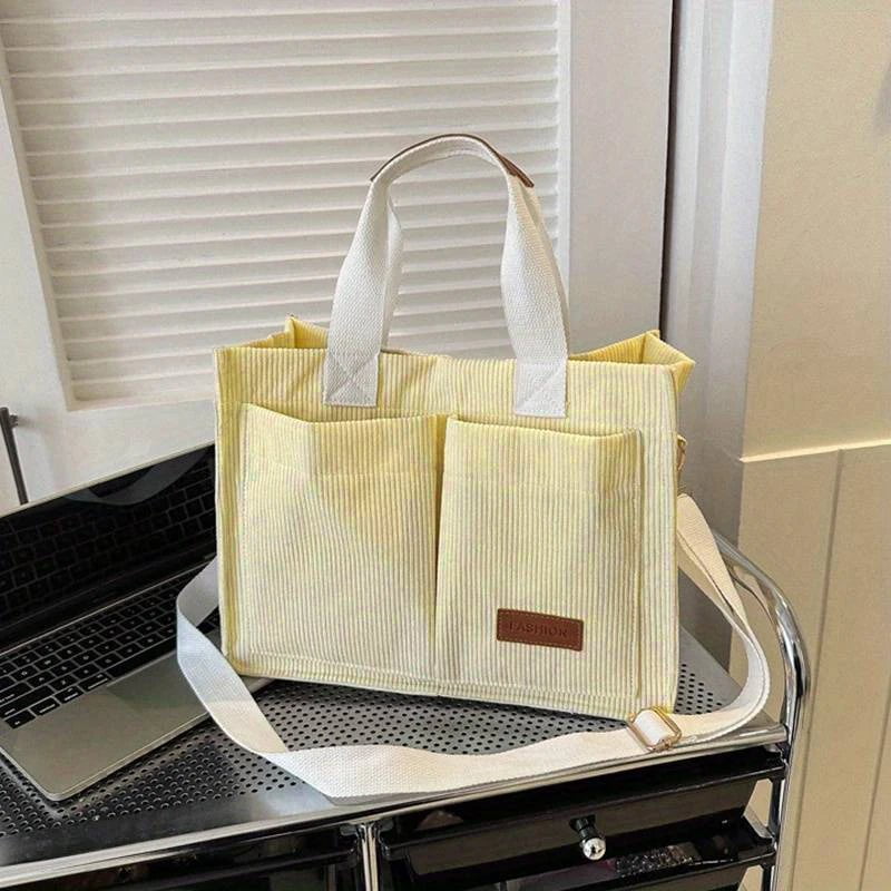 Storazone Light Yellow Women's Corduroy Tote Bag Large Capcity Handbags for Women Commuting Women's Bag Messenger Shoulder Bag Female Handbag