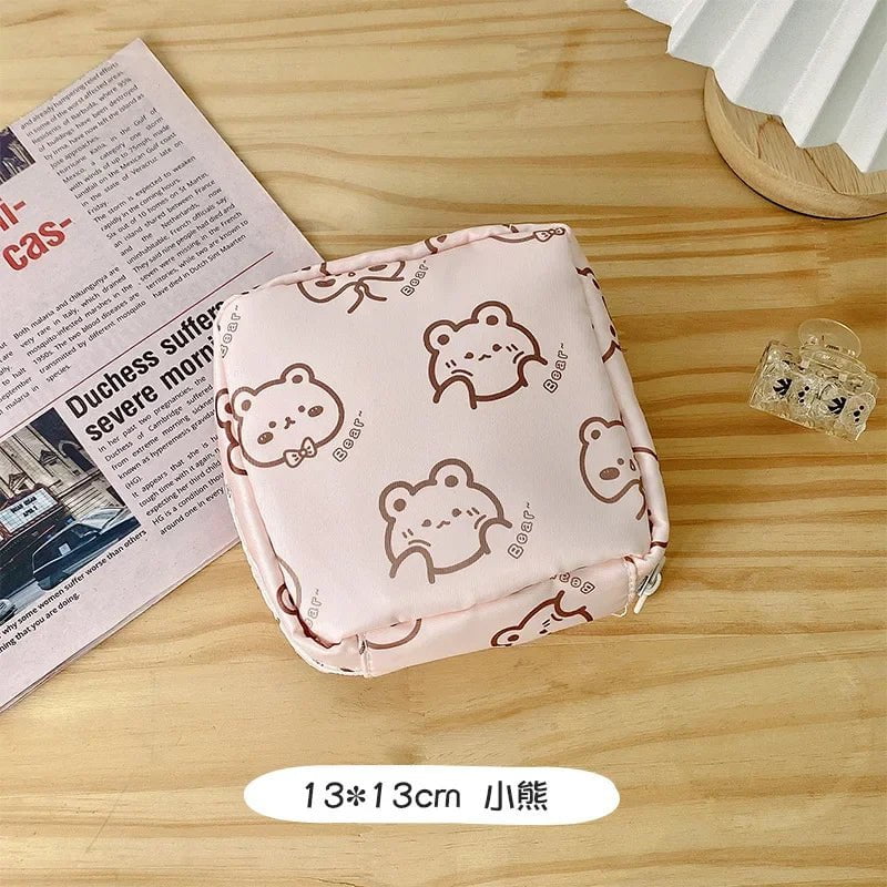 Storazone Little bear Women Girls Kawaii Cosmetic Makeup Tampon Bear Napkin Pouch Storage Bag Coin Purse Sanitary Pads Bag Mini Data Cables Organizer