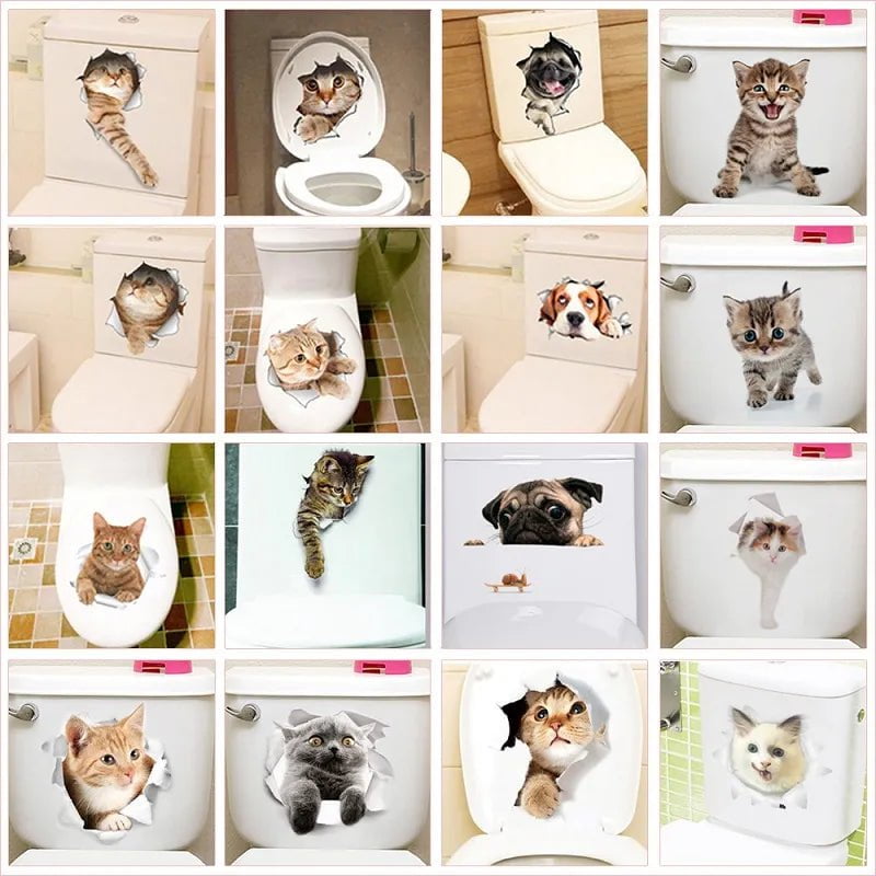 Storazone Lovely Cat Dog Toilet Stickers Home Decoration Diy Funny Cartoon Animal Wc Mural Art Vivid 3d Kitten Puppy Safari Pvc Wall Decal