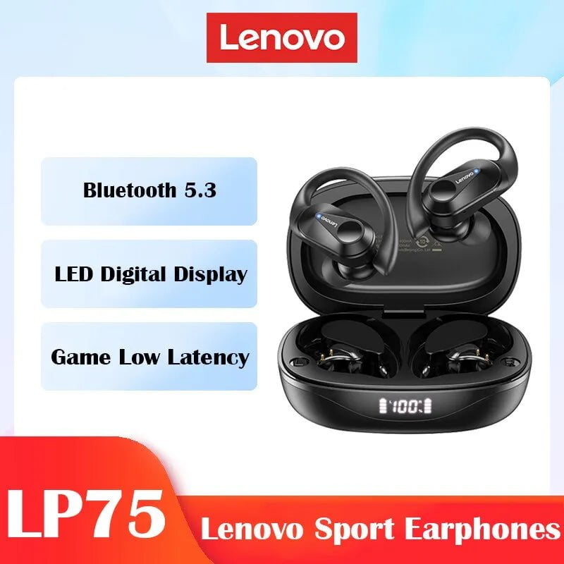 Storazone LP75 Black Lenovo LP75 Bluetooth 5.3 Earphones TWS Wireless Sport Headphones LED Digital Display HiFi Stereo Noise Reduction Gaming Earbuds