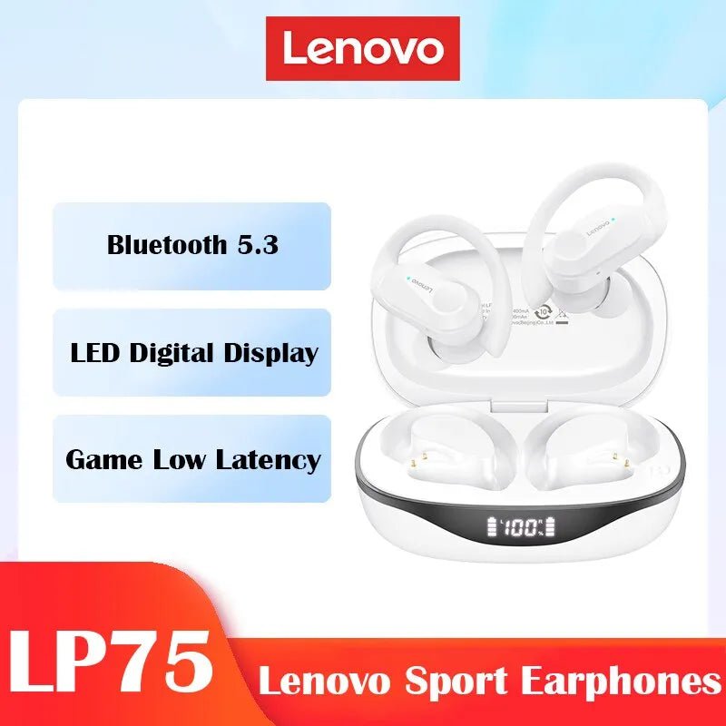 Storazone LP75 White Lenovo LP75 Bluetooth 5.3 Earphones TWS Wireless Sport Headphones LED Digital Display HiFi Stereo Noise Reduction Gaming Earbuds