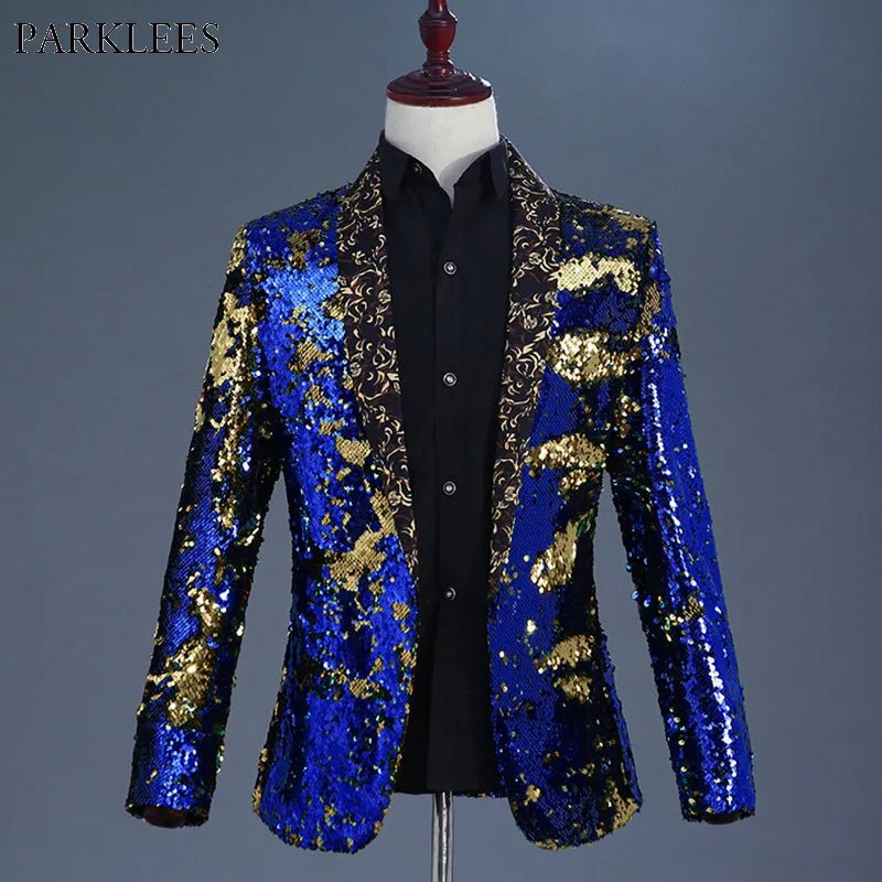 Storazone Luxury Royal Blue Sequin Dress Blazer Men Nightclub Stage Shawl Collar Mens Suit Jacket Wedding Party Stage Blazer Masculino 2XL