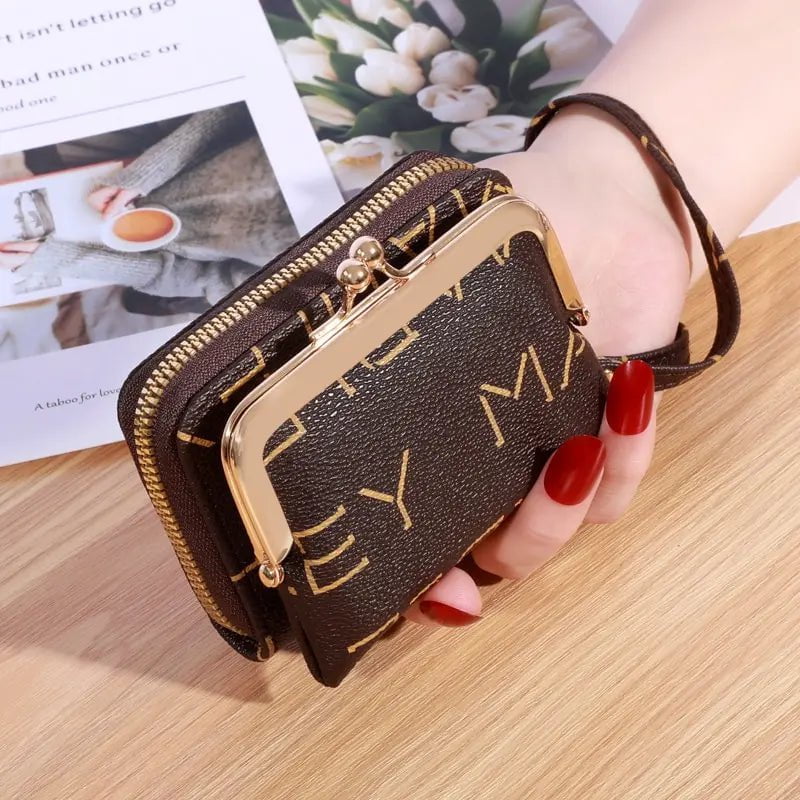 Storazone M-word brown New Wallet Women's Wrist Strap Short Old Flower Zero Wallet Large Capacity Coin Clip Bag Letter Multi Card Card Bag Money Clip