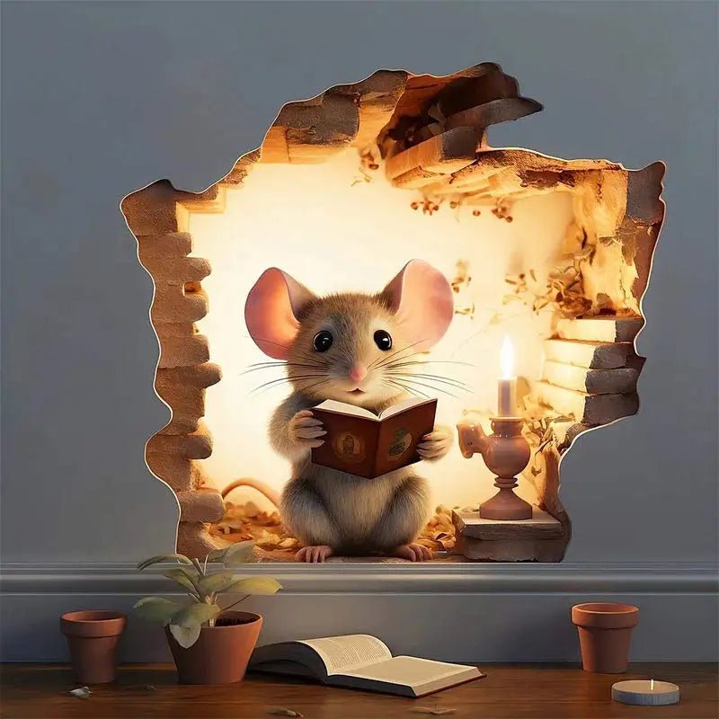 Storazone M736-01 / 15cm(5.9 inch) M736 Mouse Hole Wall Sticker, Mouse Book Lover's Vinyl Decal, Mouse Reading Decor, Cute Mouse in a Hole, Mouse Sticker