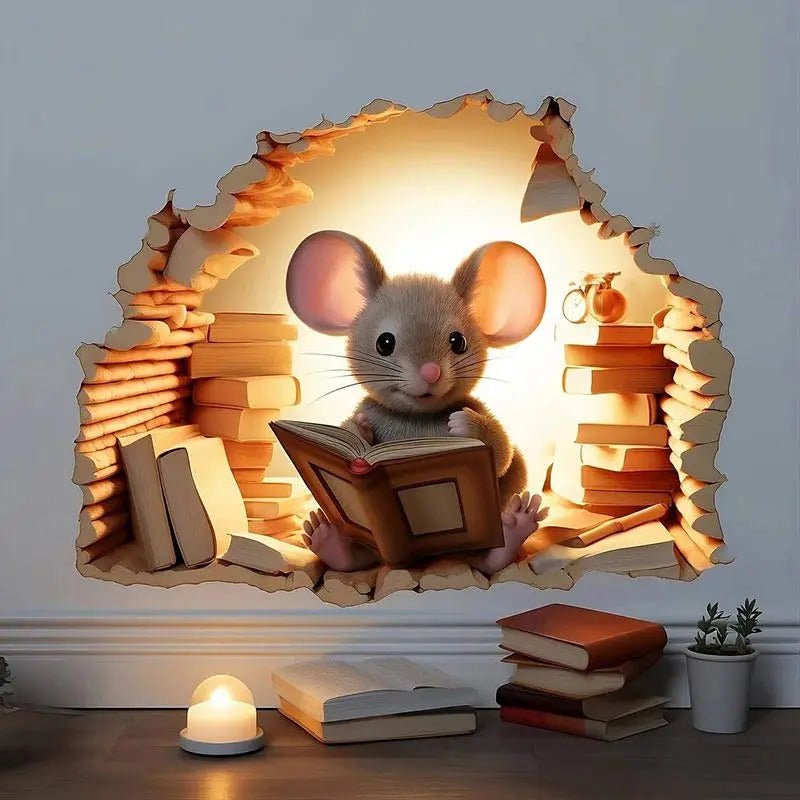 Storazone M736-02 / 15cm(5.9 inch) M736 Mouse Hole Wall Sticker, Mouse Book Lover's Vinyl Decal, Mouse Reading Decor, Cute Mouse in a Hole, Mouse Sticker