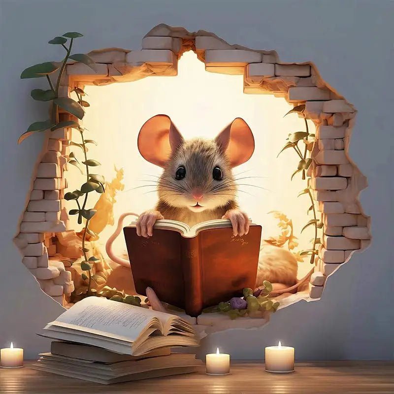 Storazone M736-04 / 15cm(5.9 inch) M736 Mouse Hole Wall Sticker, Mouse Book Lover's Vinyl Decal, Mouse Reading Decor, Cute Mouse in a Hole, Mouse Sticker