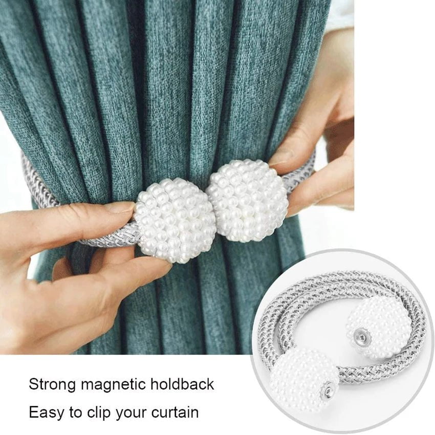 Storazone Magnetic Curtain Tiebacks Pearl Ball Home Curtain Buckle European Decoration Weave Clips Rope Straps Holder for Big Drapries