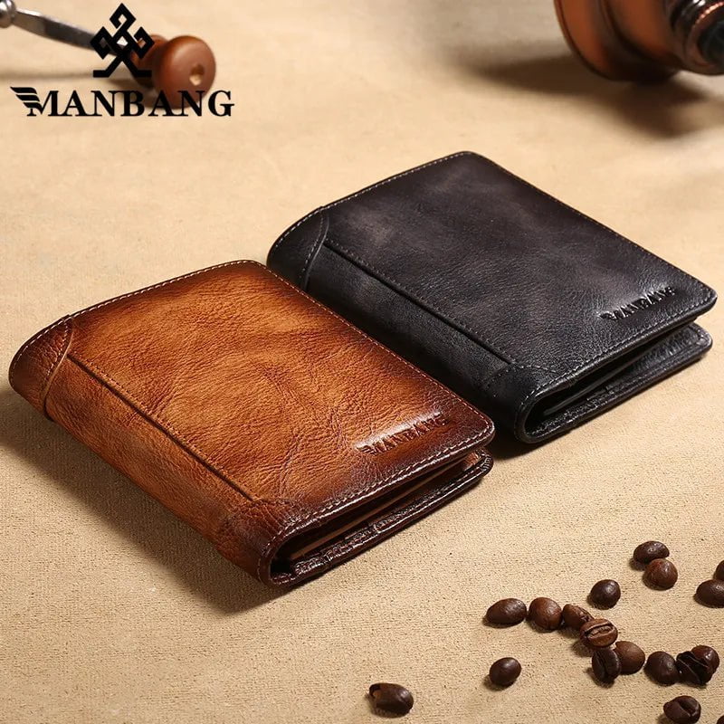 Storazone Manbang Men's Wallets RFID Genuine Leather Trifold Wallets For Men with ID Window and Credit Card Holder