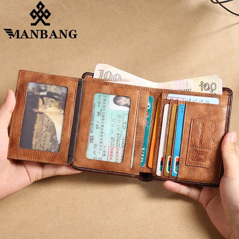 Storazone Manbang Men's Wallets RFID Genuine Leather Trifold Wallets For Men with ID Window and Credit Card Holder