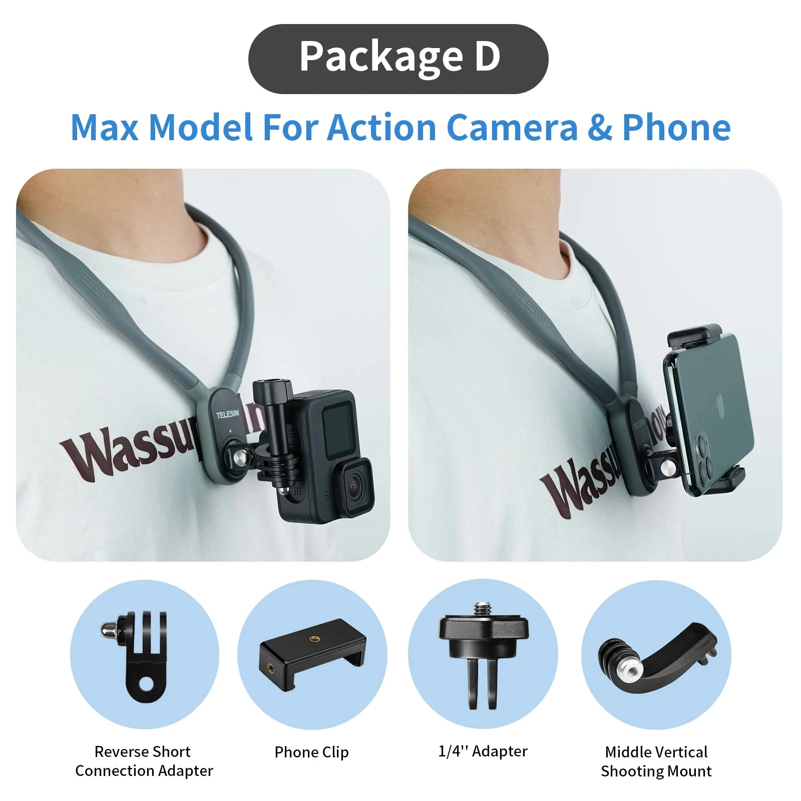 Storazone Max Set D TELESIN Silicone Neck Hold Mount for GoPro Hero 12 11 10 9 8 7 6 Insta360 DJI Osmo Action Smartphone Magnetic Action Accessories