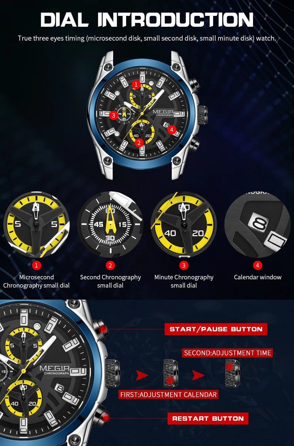 Storazone MEGIR Men's Watches Top Brand Luxury Sport Military Wristwatches Chronograph Luminous Date Quartz Moda Watch Leather Male Clock