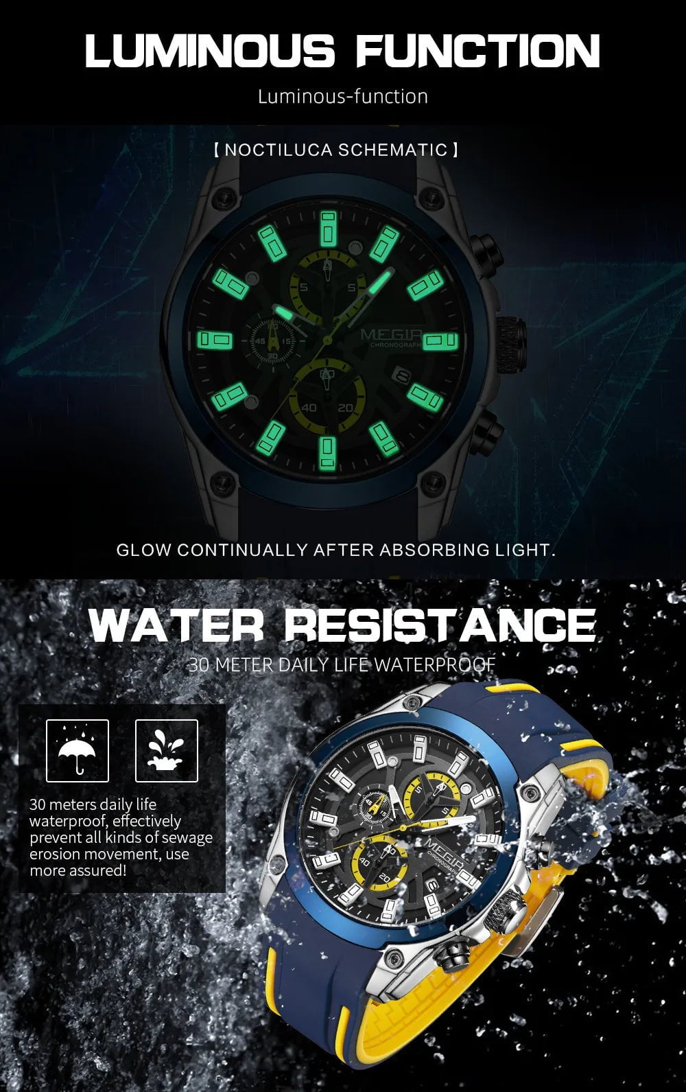 Storazone MEGIR Men's Watches Top Brand Luxury Sport Military Wristwatches Chronograph Luminous Date Quartz Moda Watch Leather Male Clock