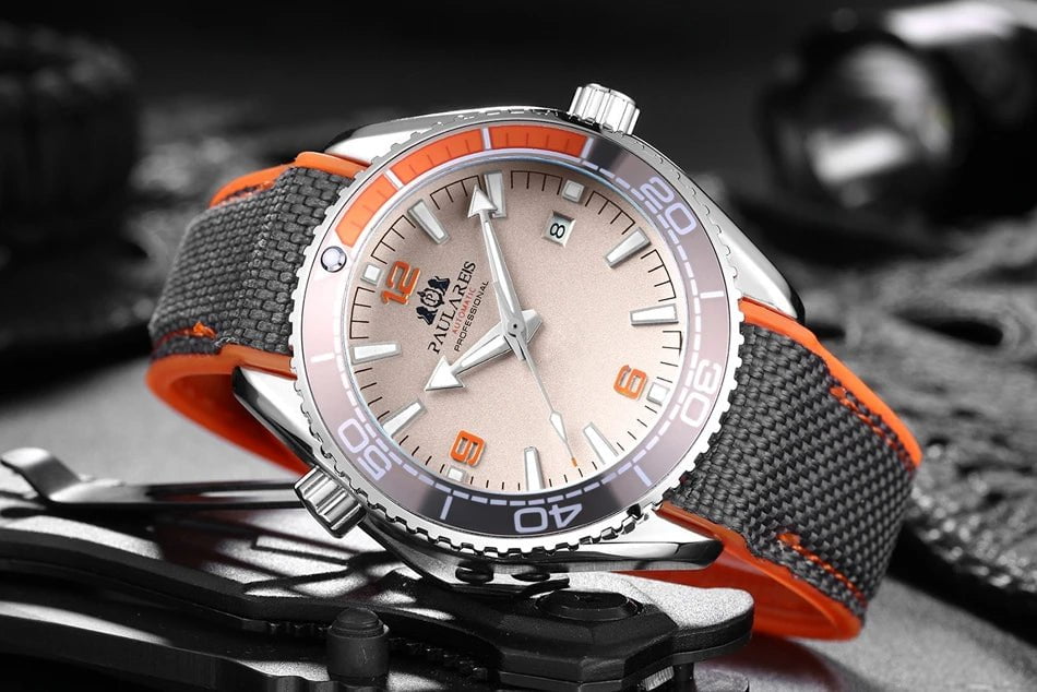 Storazone Men Automatic Self Wind Mechanical Canvas Rubber Strap Orange Blue Red Luxury Watch